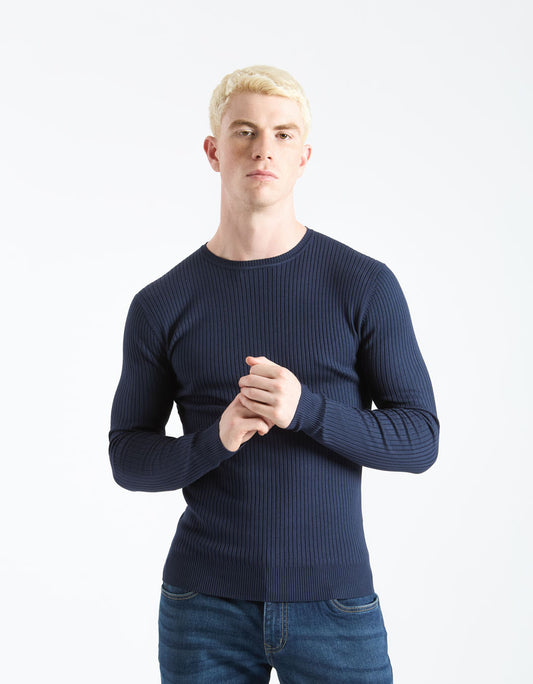 Ribbed viscose crew neck sweater