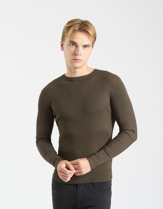 Ribbed viscose crew neck sweater