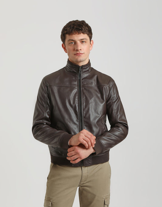 Leather-effect jacket with turtleneck collar