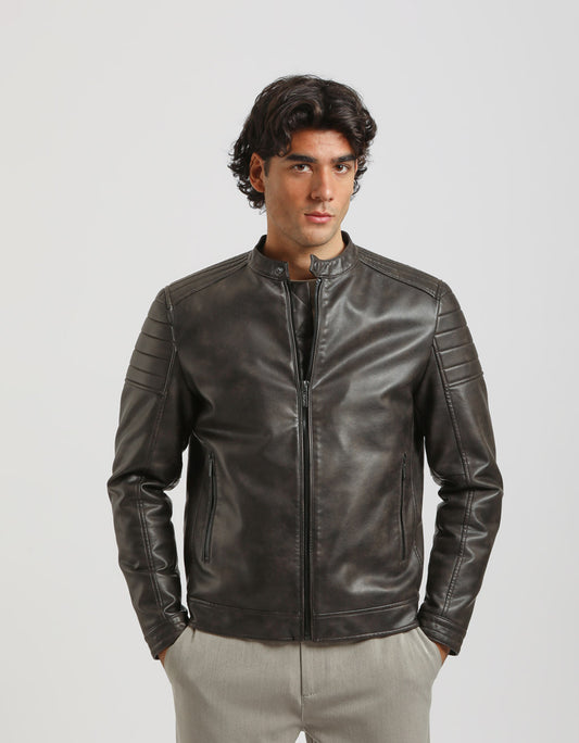 Faux leather jacket with marbled effect