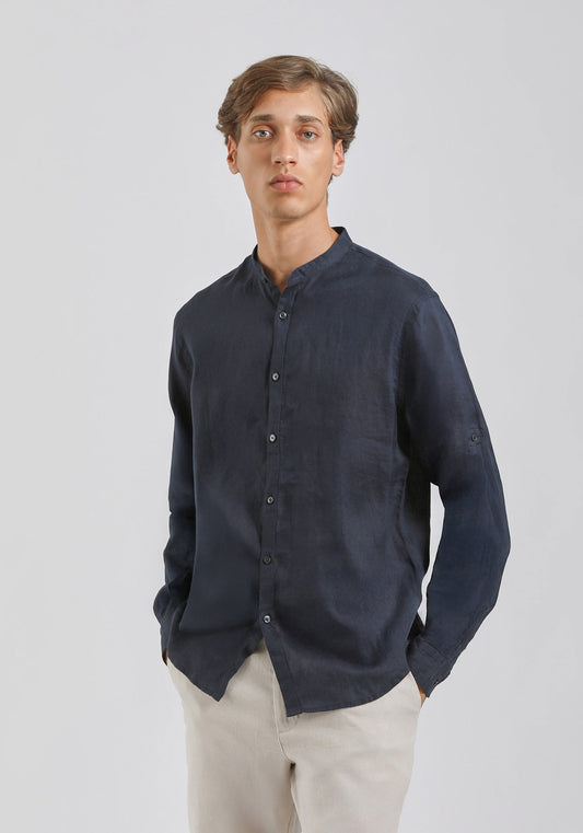 Camicia 100% lino con collo coreano|Colore:Blue