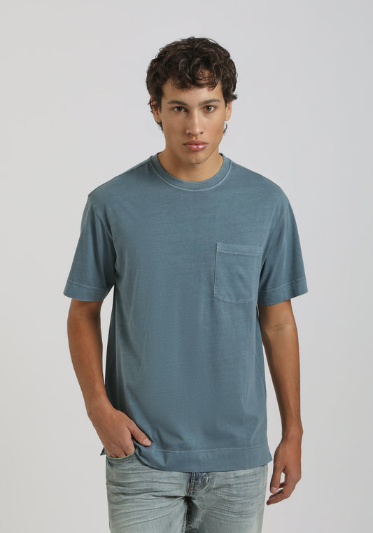 T-shirt effetto lavato con taschino|Colore:Ciano