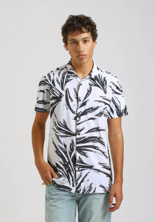 Camicia mezza manica in tessuto elastico con fantasia|Colore:Blue