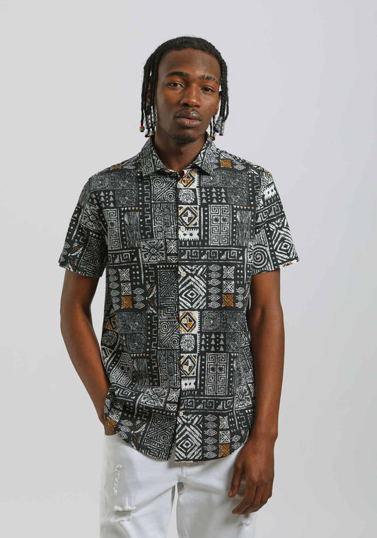 Camicia mezza manica 100% cotone con fantasia|Colore:Nero