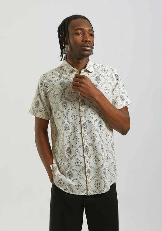 Camicia mezza manica misto lino cotone con fantasia|Colore:Sabbia