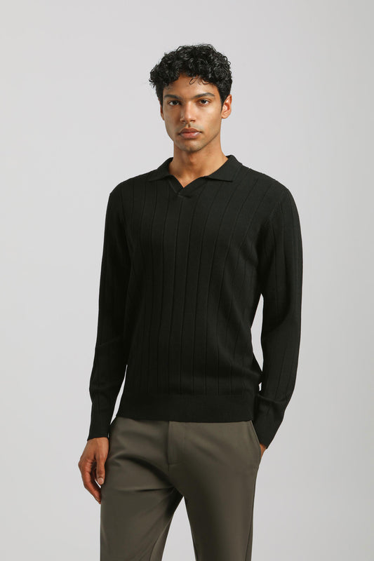 Polo manica lunga a coste|Colore:Nero