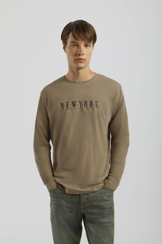 T-shirt manica lunga con stampa|Colore:Fango