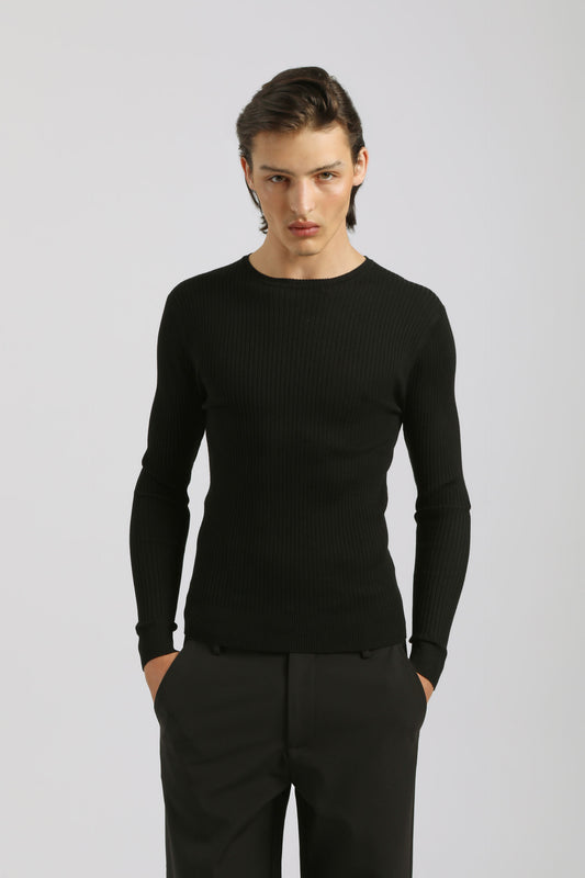 Maglia girocollo a coste|Colore:Nero