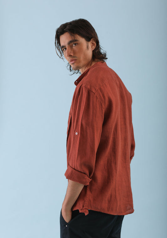 Camicia 100% lino con collo coreano