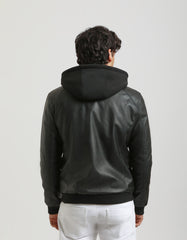Leather effect bomber jacket with hood