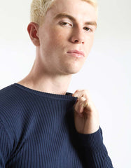 Ribbed viscose crew neck sweater