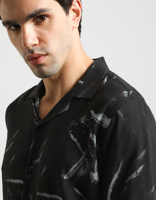 Camicia mezza manica fantasia 100% viscosa|Colore:Nero