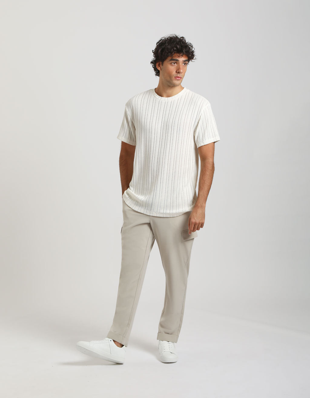 T-shirt a righe strutturate|Colore:Off white
