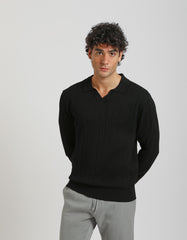 Ribbed long-sleeved polo shirt