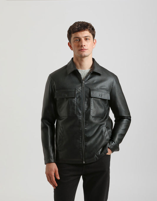 Giacca camicia effetto pelle|Colore:Nero