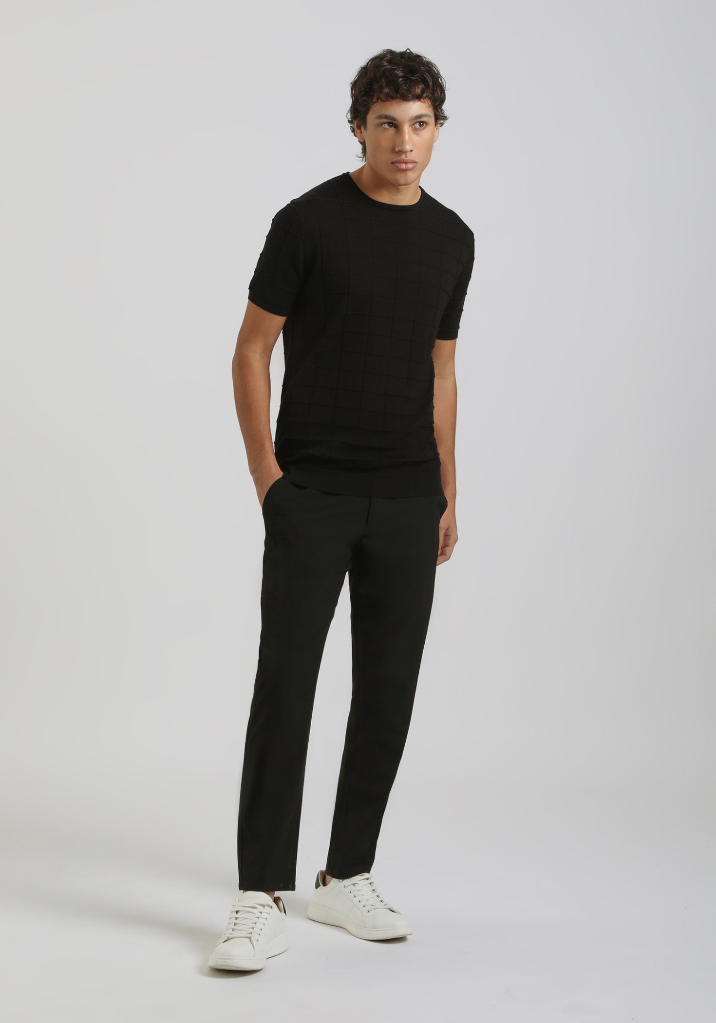 T-shirt in maglia a quadri|Colore:Nero