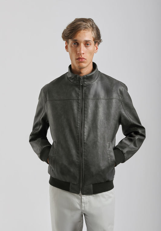 Giubbotto bomber effetto pelle|Colore:Grigio scuro