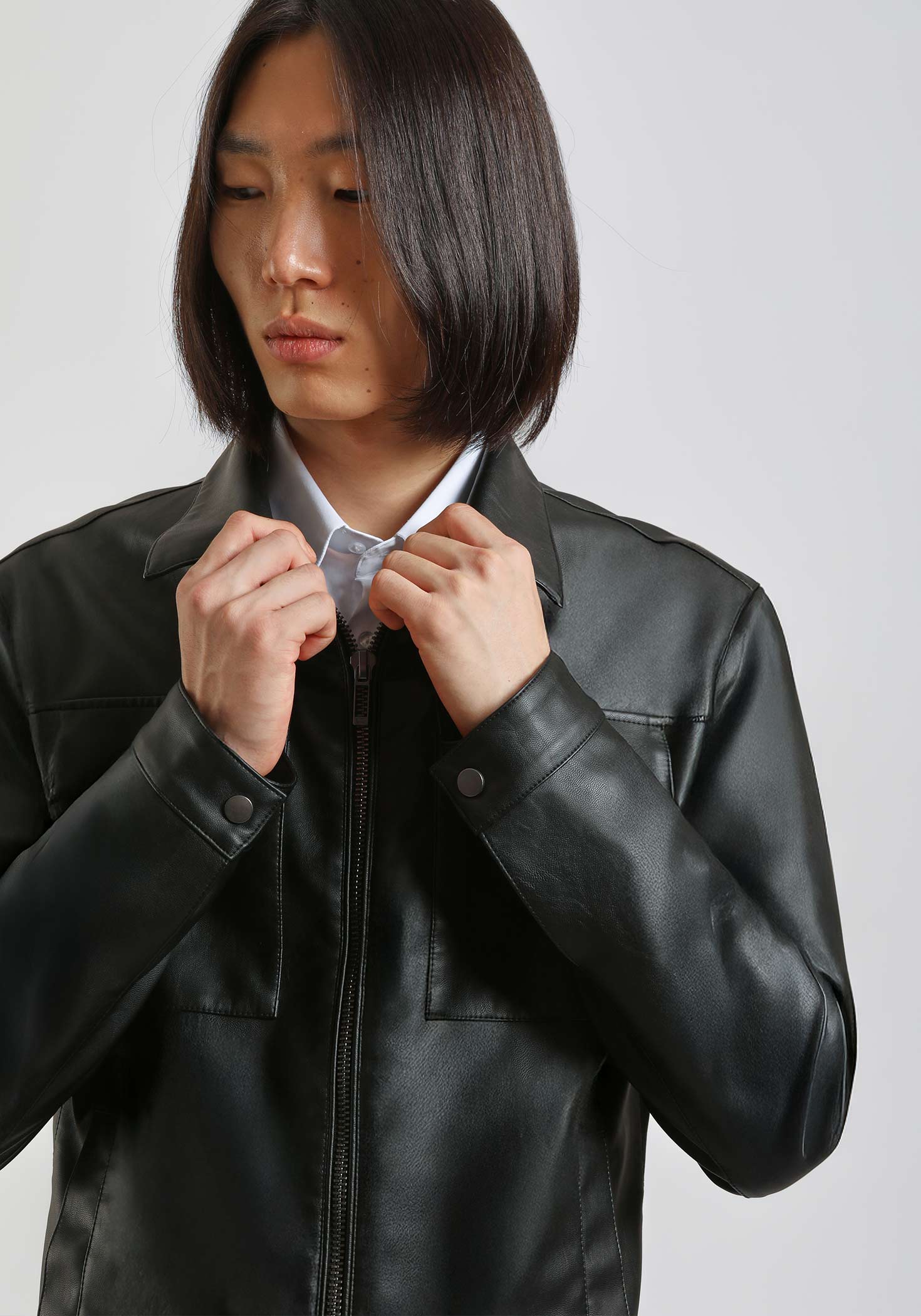 Giacca camicia effetto pelle|Colore:Nero