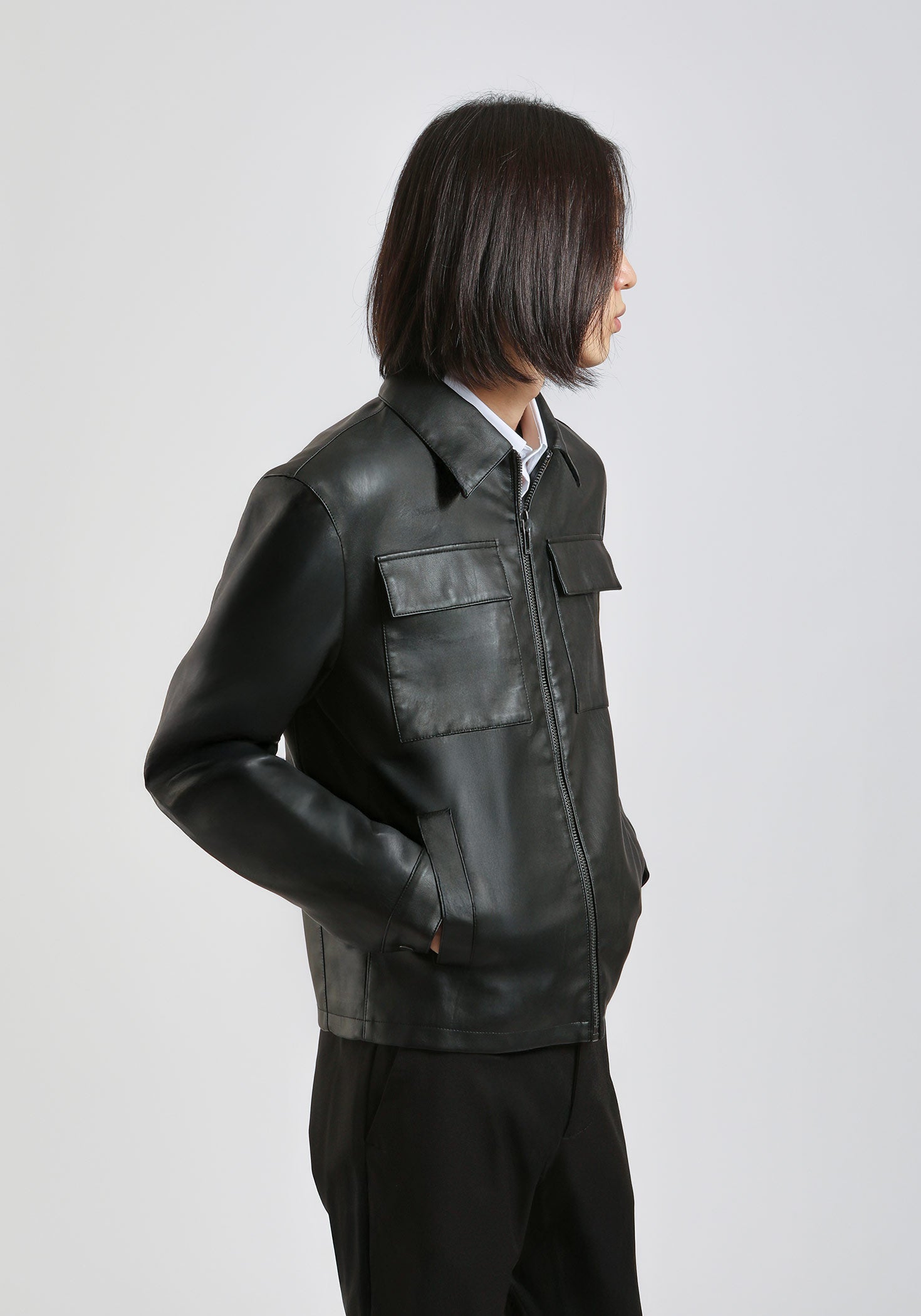 Giacca camicia effetto pelle|Colore:Nero