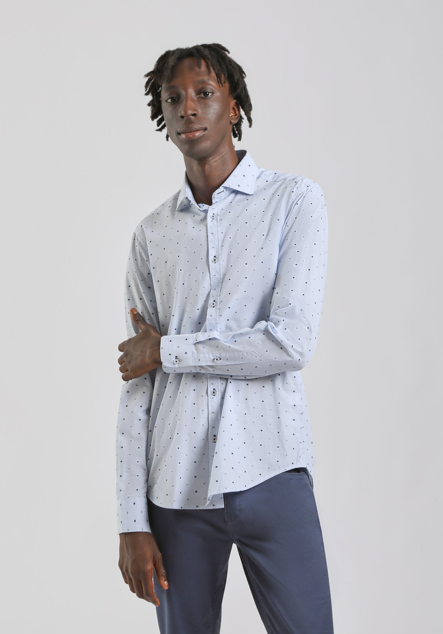 Camicia in cotone con microfantasia|Colore:Celeste