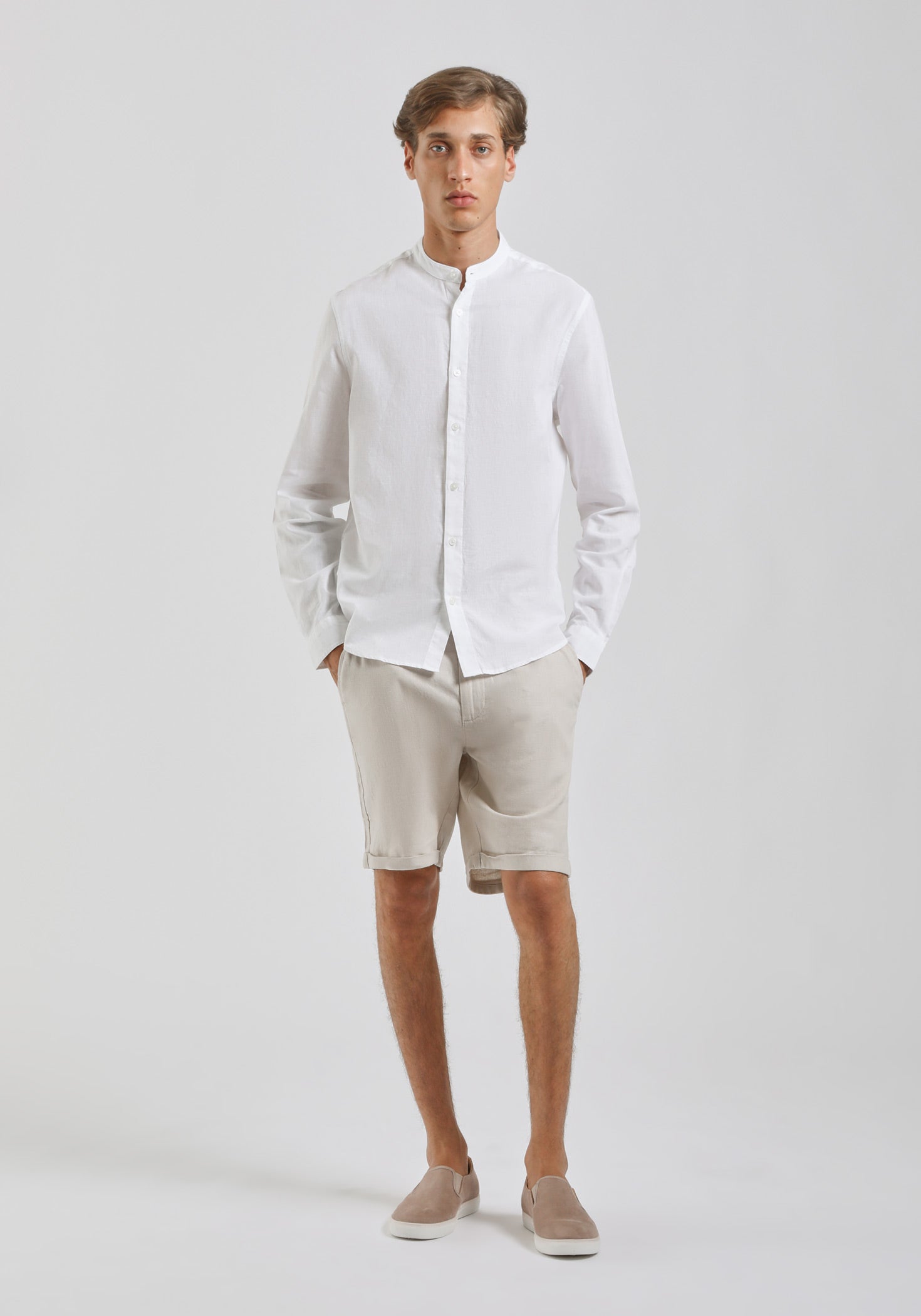 Camicia misto lino con collo coreano|Colore:Bianco