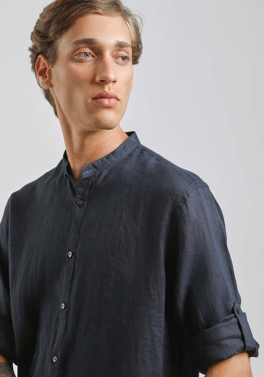 Camicia 100% lino con collo coreano|Colore:Blue