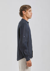 Camicia 100% lino con collo coreano|Colore:Blue