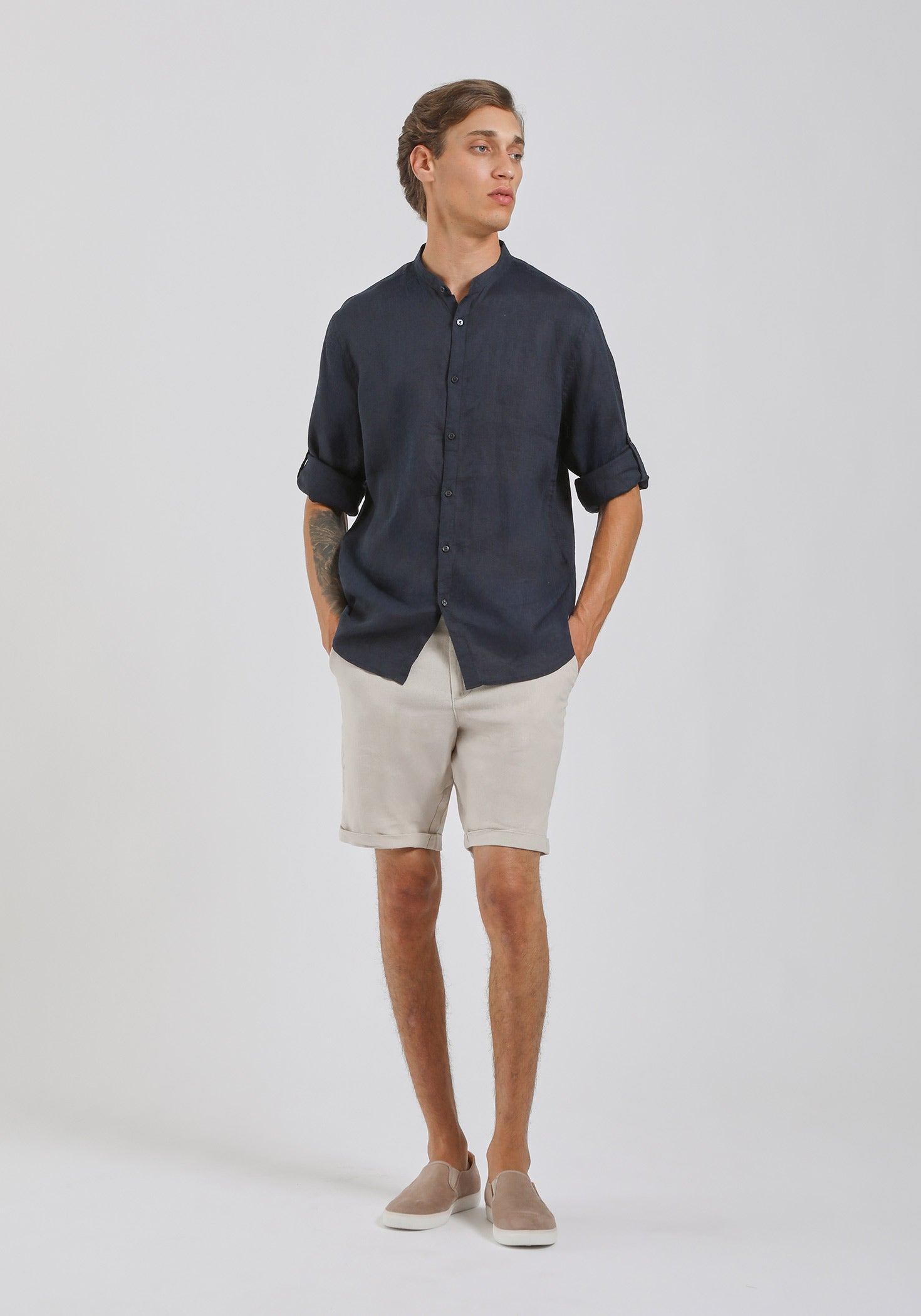 Camicia 100% lino con collo coreano|Colore:Blue