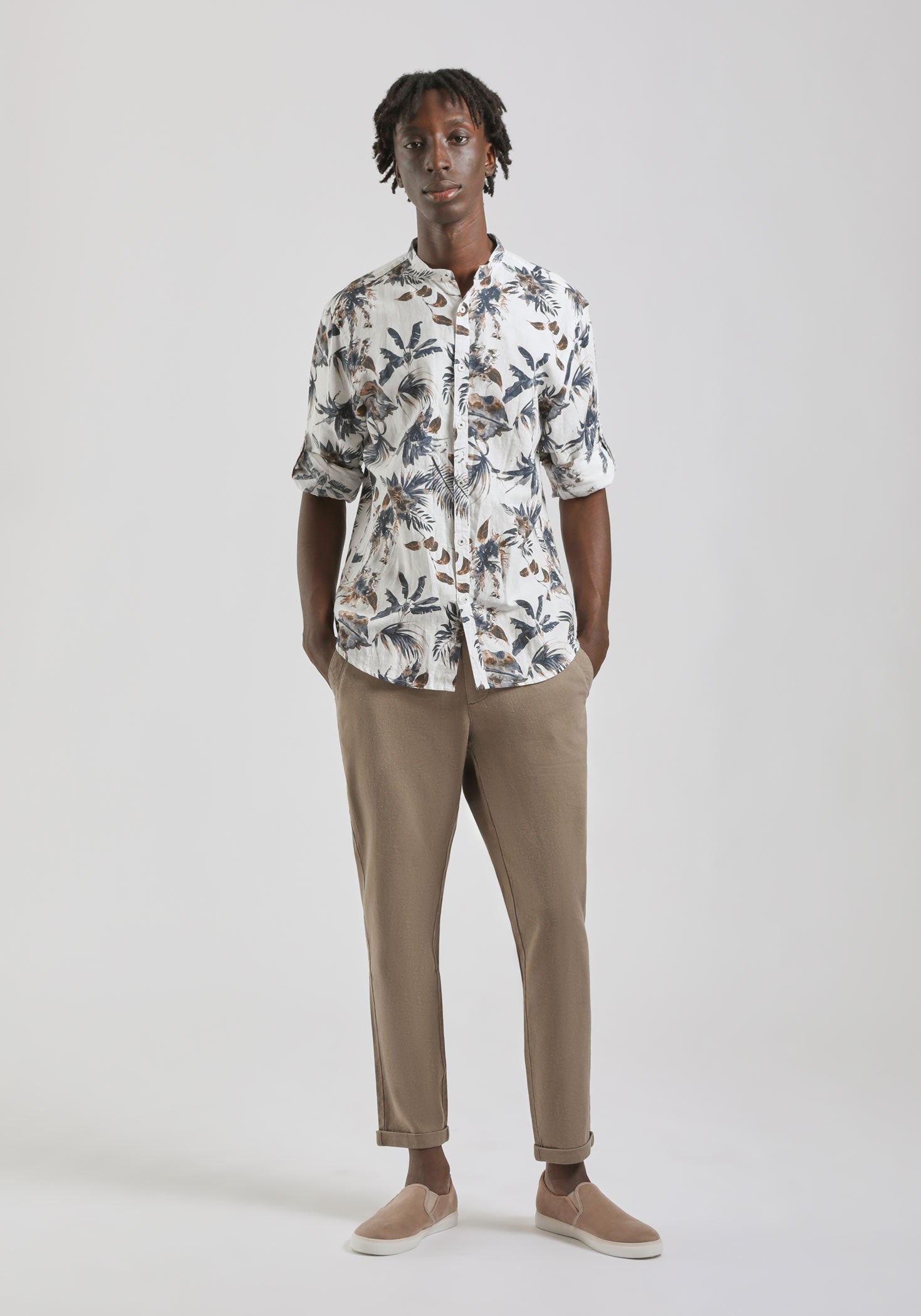 Camicia misto lino fantasia|Colore:Bianco