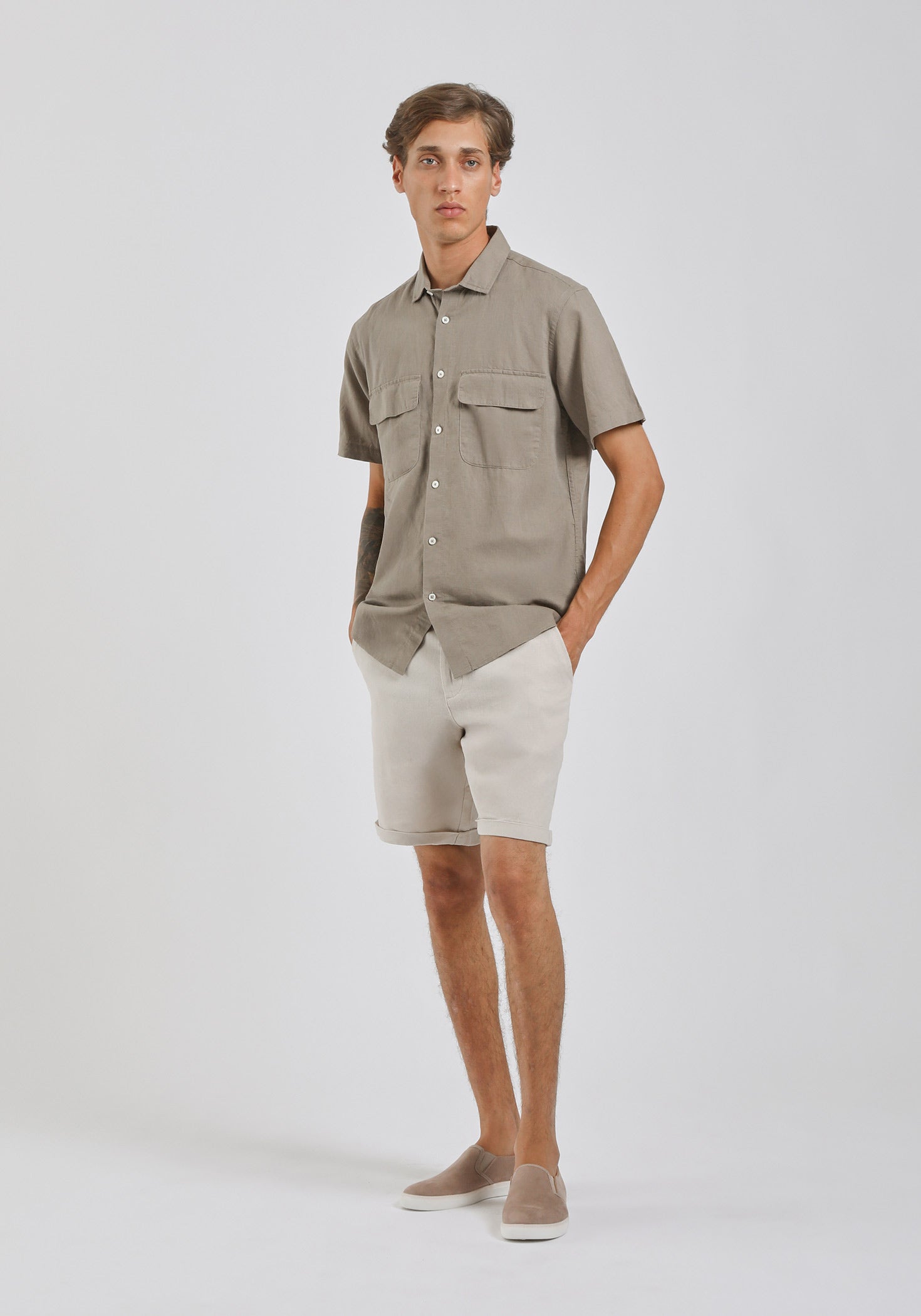 Camicia mezza manica misto lino|Colore:Fango