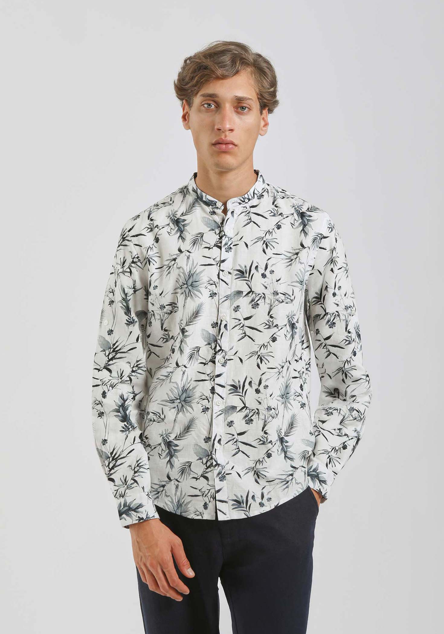 Camicia misto lino fantasia|Colore:Bianco