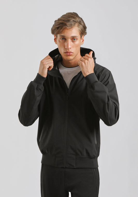 Giubbotto bomber in tessuto tecnico con cappuccio|Colore:Nero