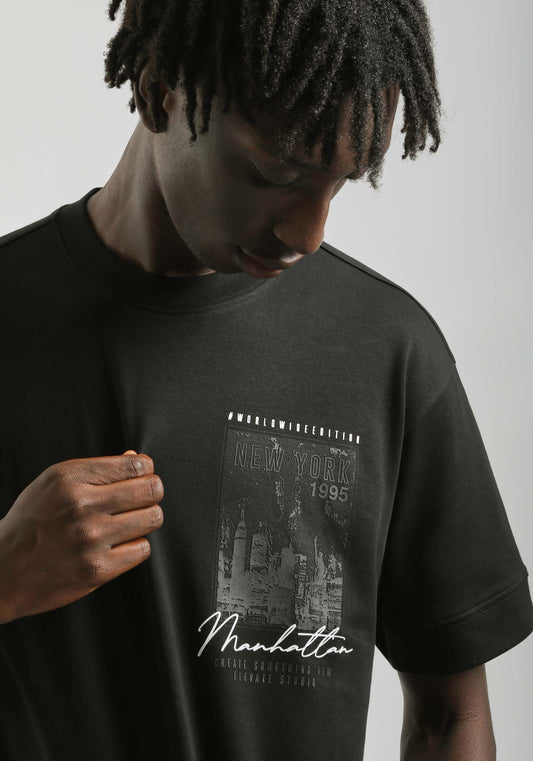 T-shirt over con stampa|Colore:Nero