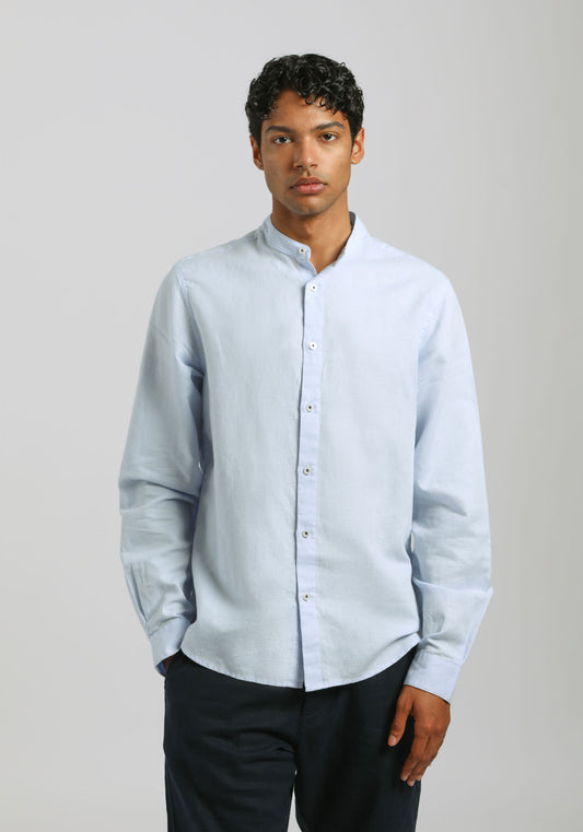 Camicia misto lino con collo coreano|Colore:Celeste