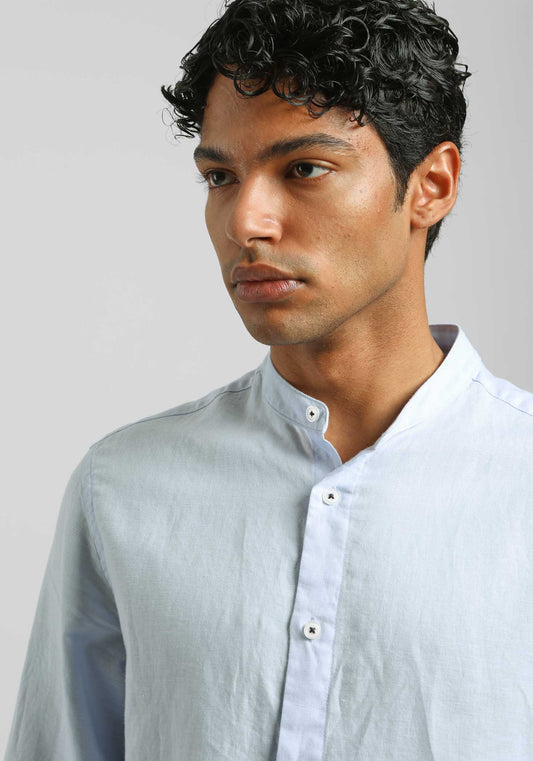Camicia misto lino con collo coreano|Colore:Celeste