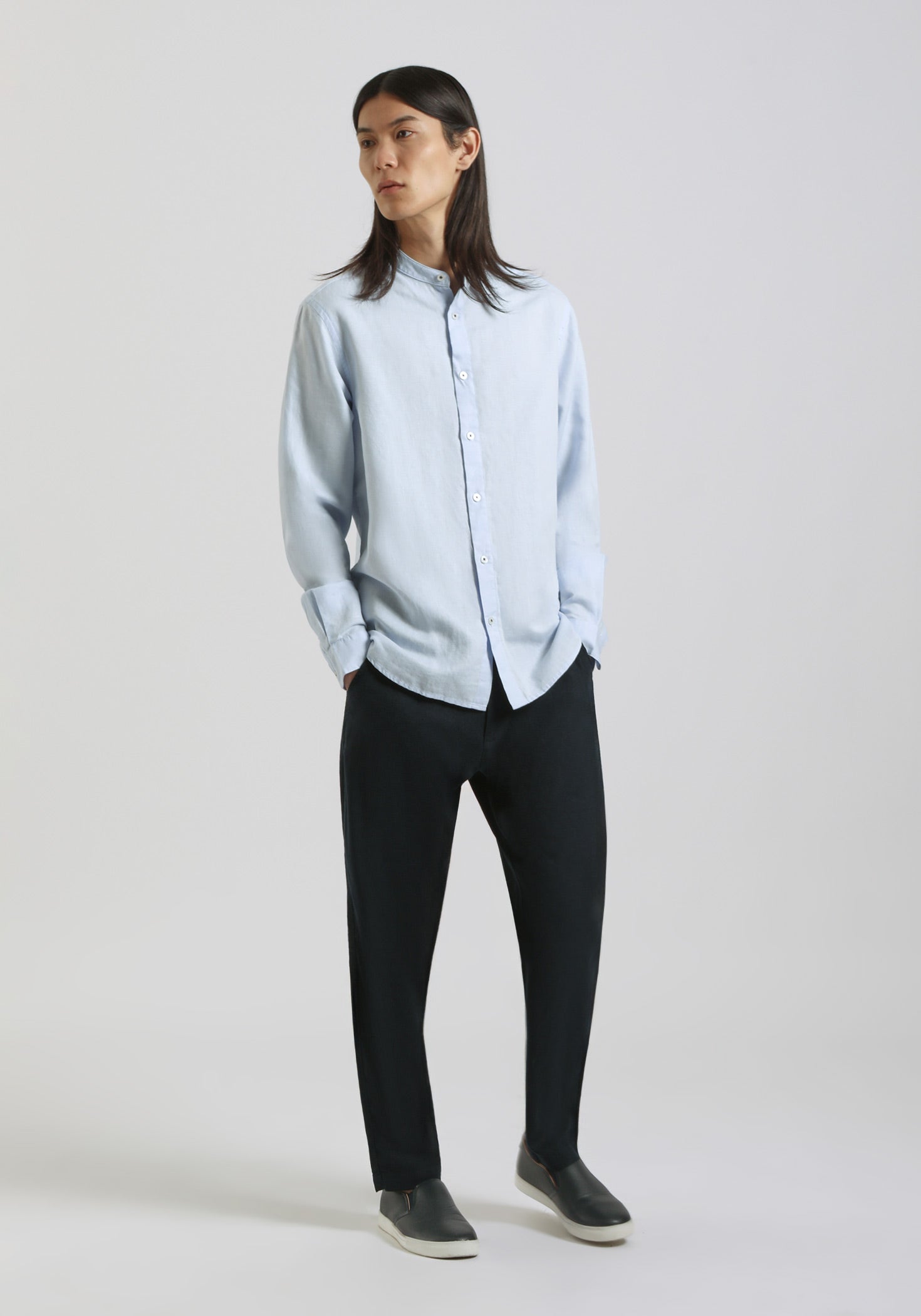 Camicia misto lino con collo coreano|Colore:Celeste