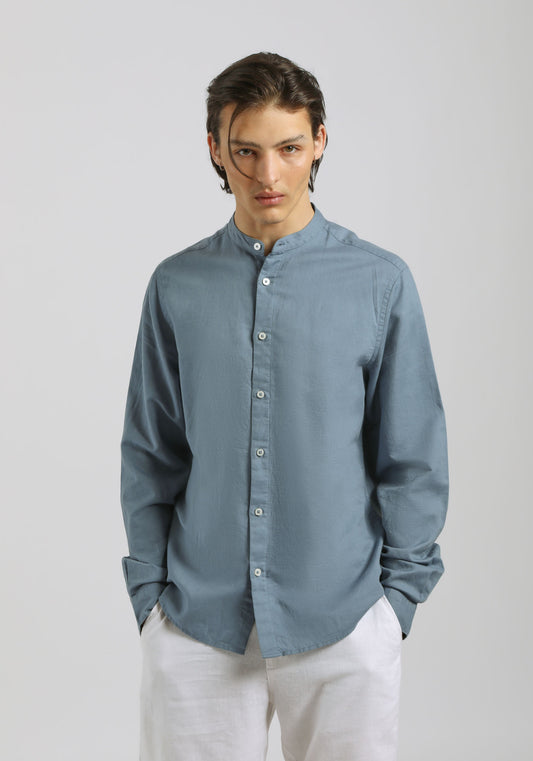 Camicia misto lino con collo coreano|Colore:Ciano