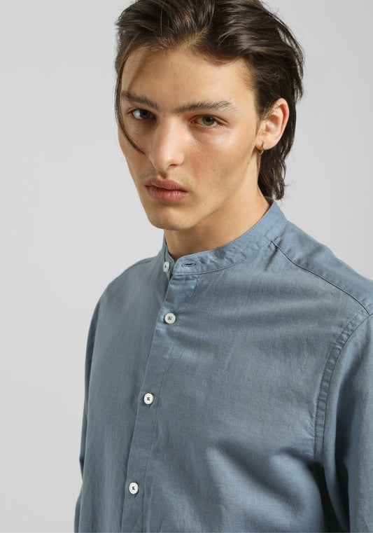 Camicia misto lino con collo coreano|Colore:Ciano