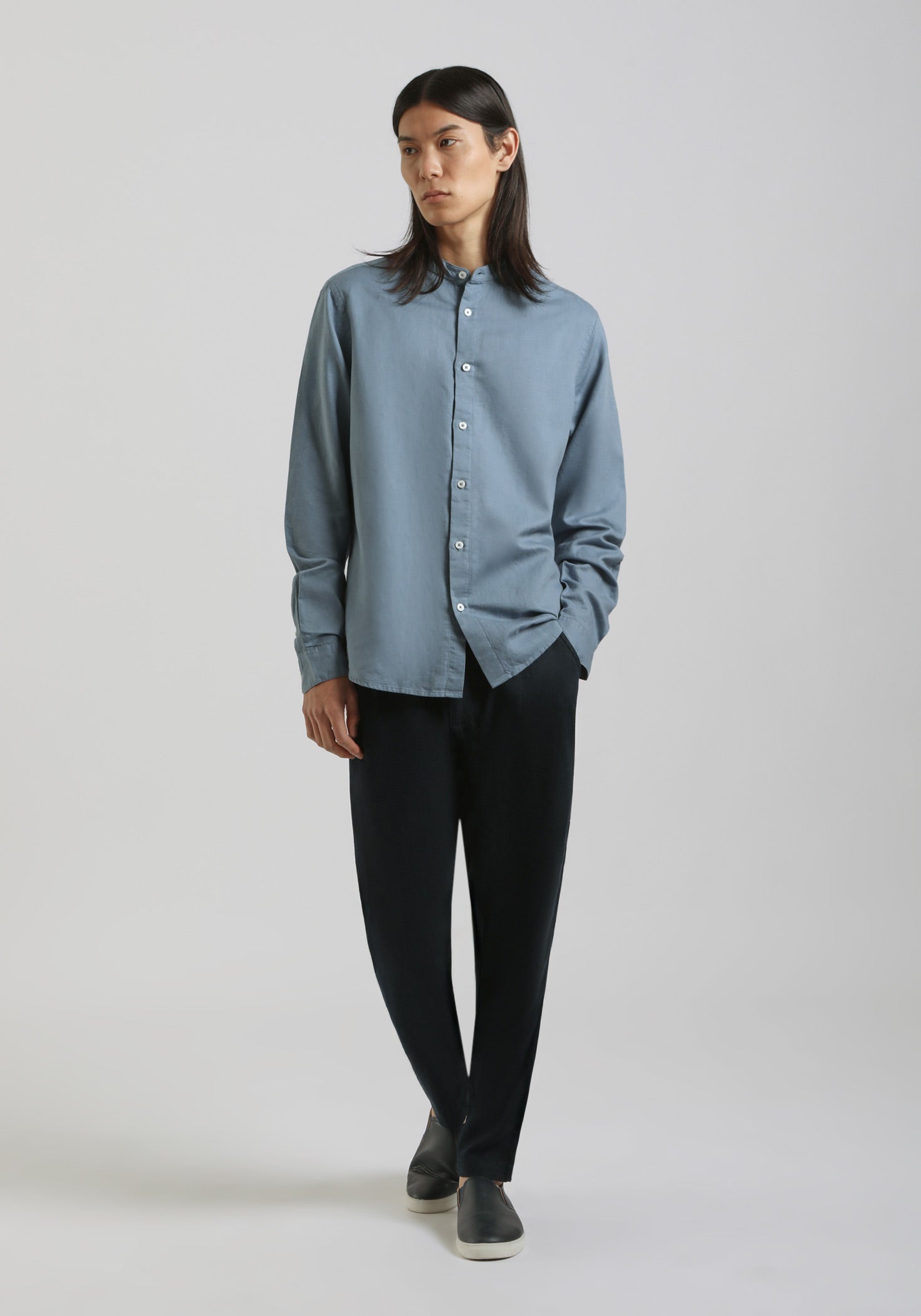 Camicia misto lino con collo coreano|Colore:Ciano