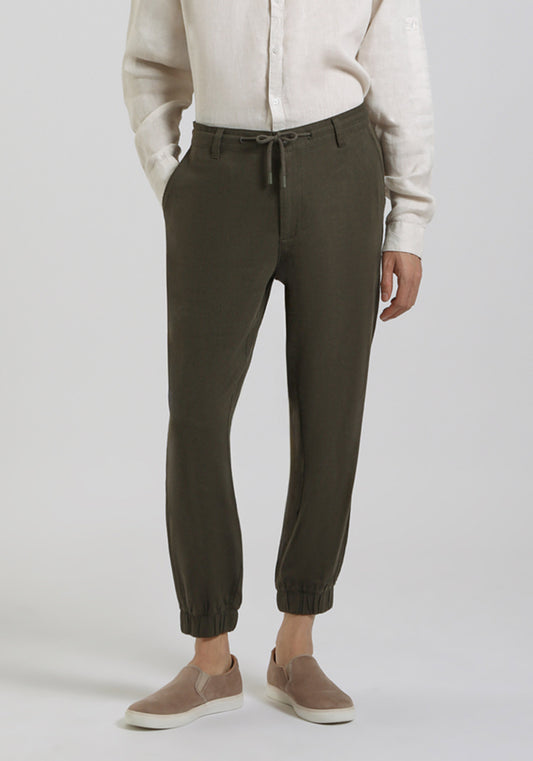 Pantaloni misto lino con elastici alle caviglie|Colore:Verde