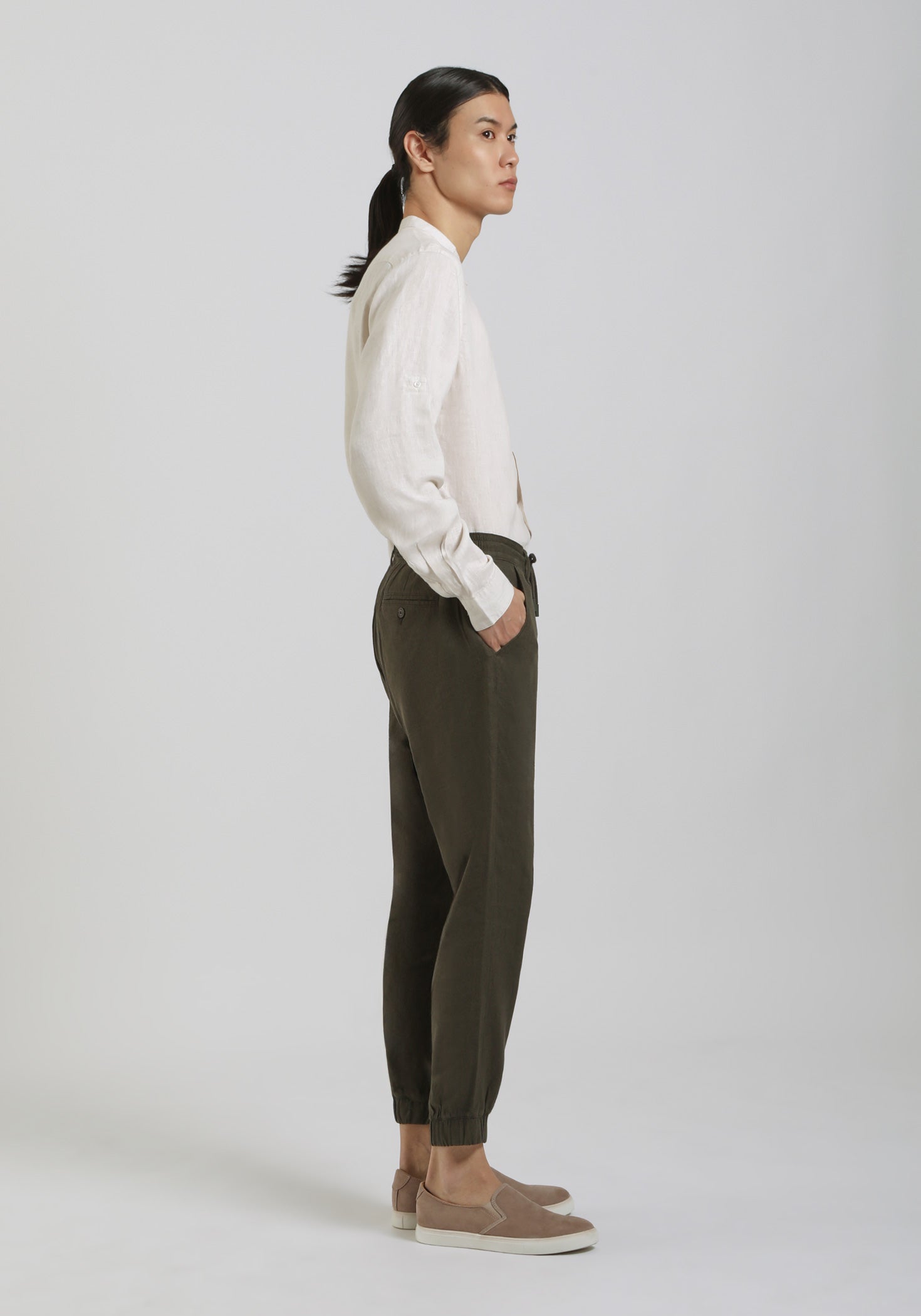 Pantaloni misto lino con elastici alle caviglie|Colore:Verde