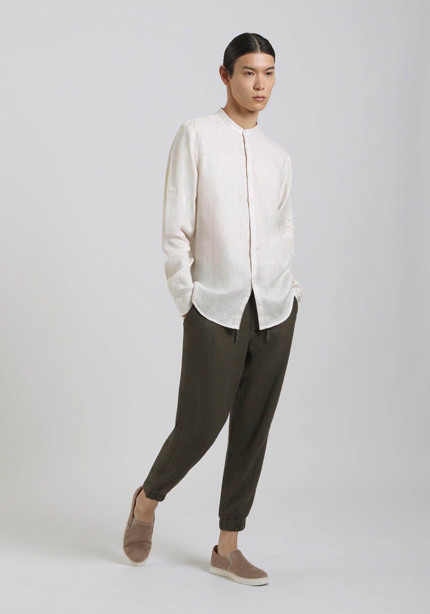 Camicia 100% lino con collo coreano|Colore:Beige chiaro