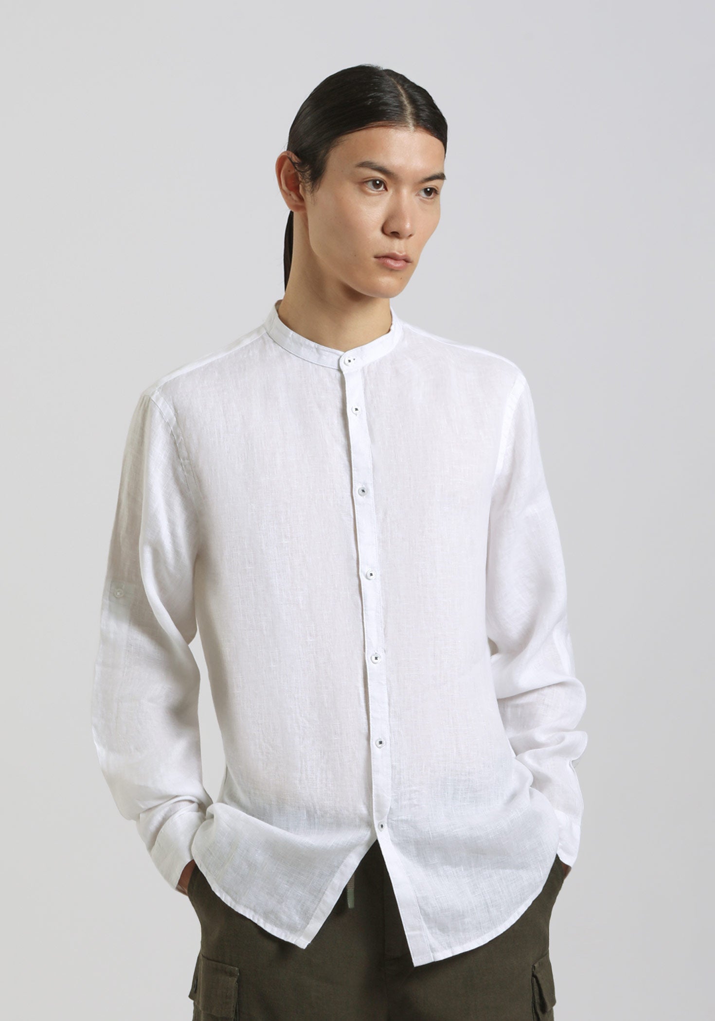 Camicia 100% lino con collo coreano|Colore:Bianco