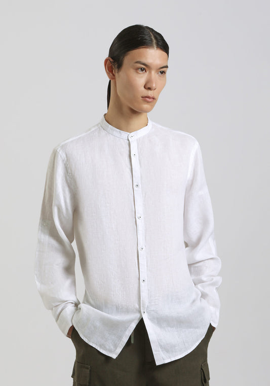 Camicia 100% lino con collo coreano|Colore:Bianco