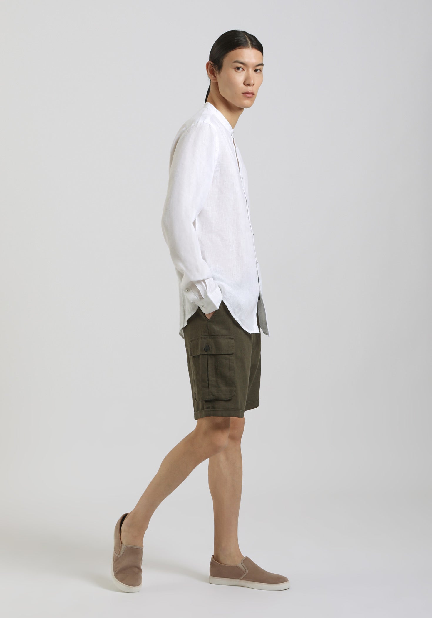 Camicia 100% lino con collo coreano|Colore:Bianco