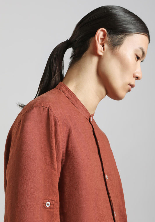 Camicia 100% lino con collo coreano|Colore:Rame