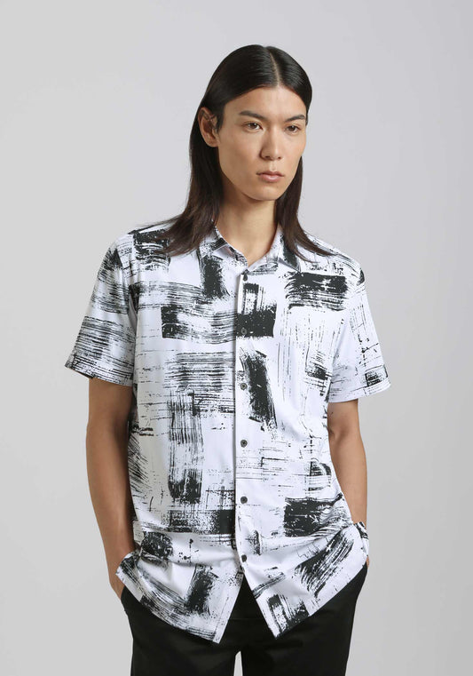 Camicia mezza manica in tessuto elastico con fantasia|Colore:Bianco