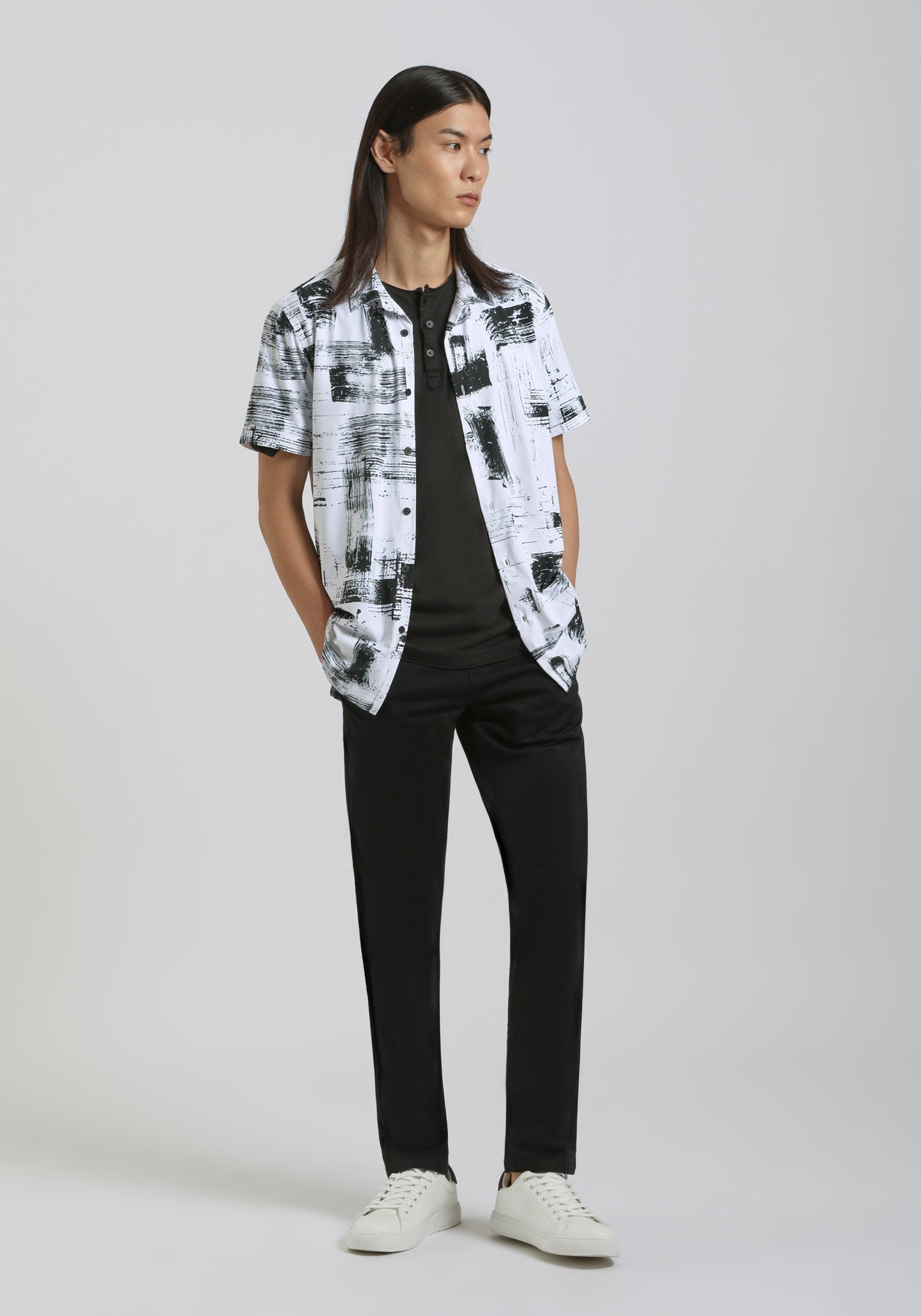 Camicia mezza manica in tessuto elastico con fantasia|Colore:Bianco