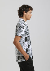Camicia mezza manica in tessuto elastico con fantasia|Colore:Nero