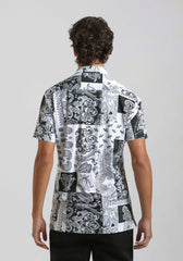 Camicia mezza manica in tessuto elastico con fantasia|Colore:Nero